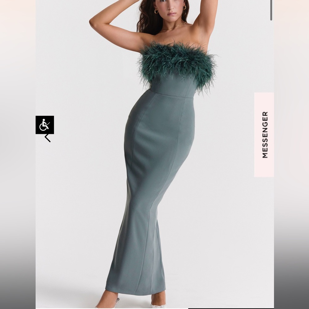 House of CB Strapless Green Dress with Feather Detail